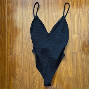 Zara Black Ruched Smocked Back High Cut V Neck One Piece Swimsuit